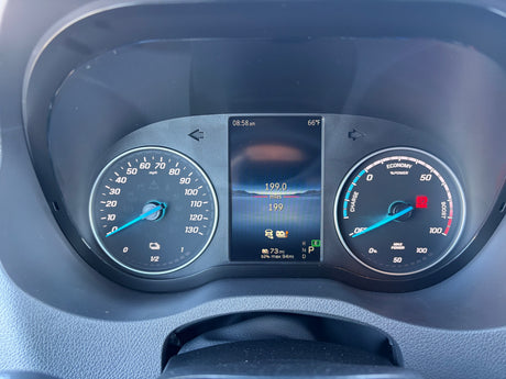 RV rental digital dashboard showing 0 mph, 73 miles electric range, and PARK light on, with 08:58 am and 66°F.