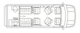 Top-down RV rental layout: front seats, 4 passenger seats, rear sofas/beds, and kitchen with fridge/microwave.