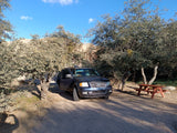 Dark Ford SUV at a sunny campsite with a picnic table, perfect for outdoor trips or your next RV rental adventure.