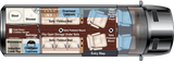 RV rental: detailed interior floor plan with kitchen, shower, foldout beds, and versatile living/dining space.