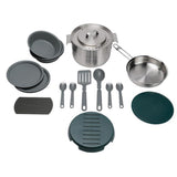 RV rental ready: complete portable kitchen set with pot, pan, plates, bowls, and utensils for outdoor cooking adventures.