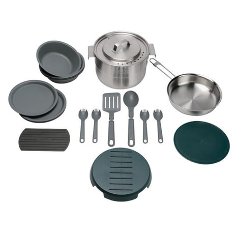 RV rental ready: complete portable kitchen set with pot, pan, plates, bowls, and utensils for outdoor cooking adventures.