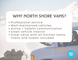 Discover North Shore Vans RV rental benefits: professional service, well-maintained vehicles, clean interior, and all amenities included.