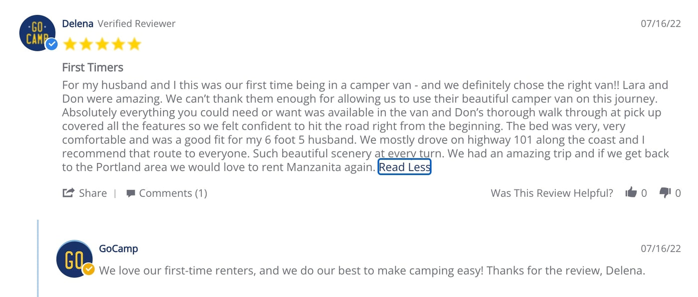  showing its open doors and equipped interior for camping adventures.|Positive customer review for an RV rental highlighting amenities — photo 17