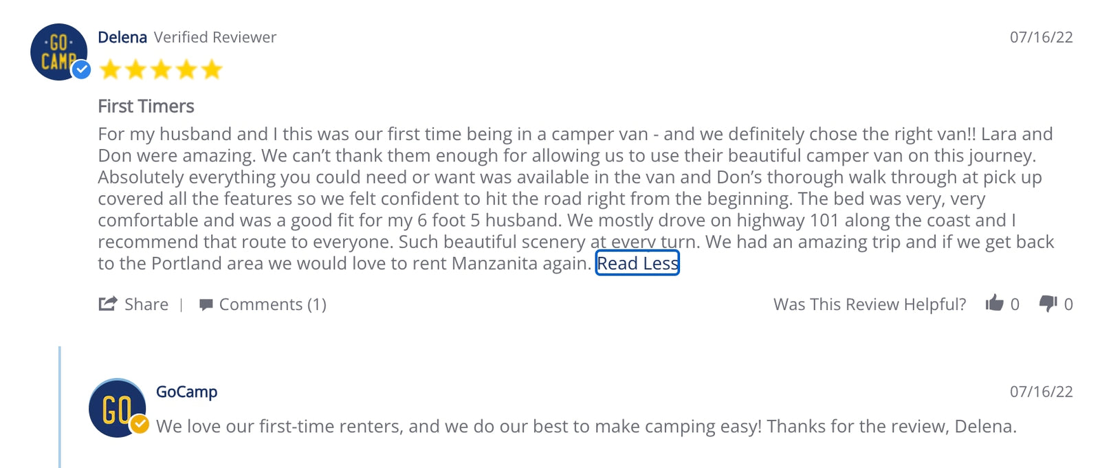 GoCamp RV rental customer review: Delena shares a 5-star camper van experience, praising Lara & Don.