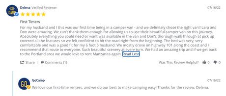 GoCamp RV rental customer review: Delena shares a 5-star camper van experience, praising Lara & Don.