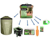 InstaPrivy portable toilet kit shown, featuring privacy shelter, commode, waste bags, shovel, and TP – ideal for RV rental trips.