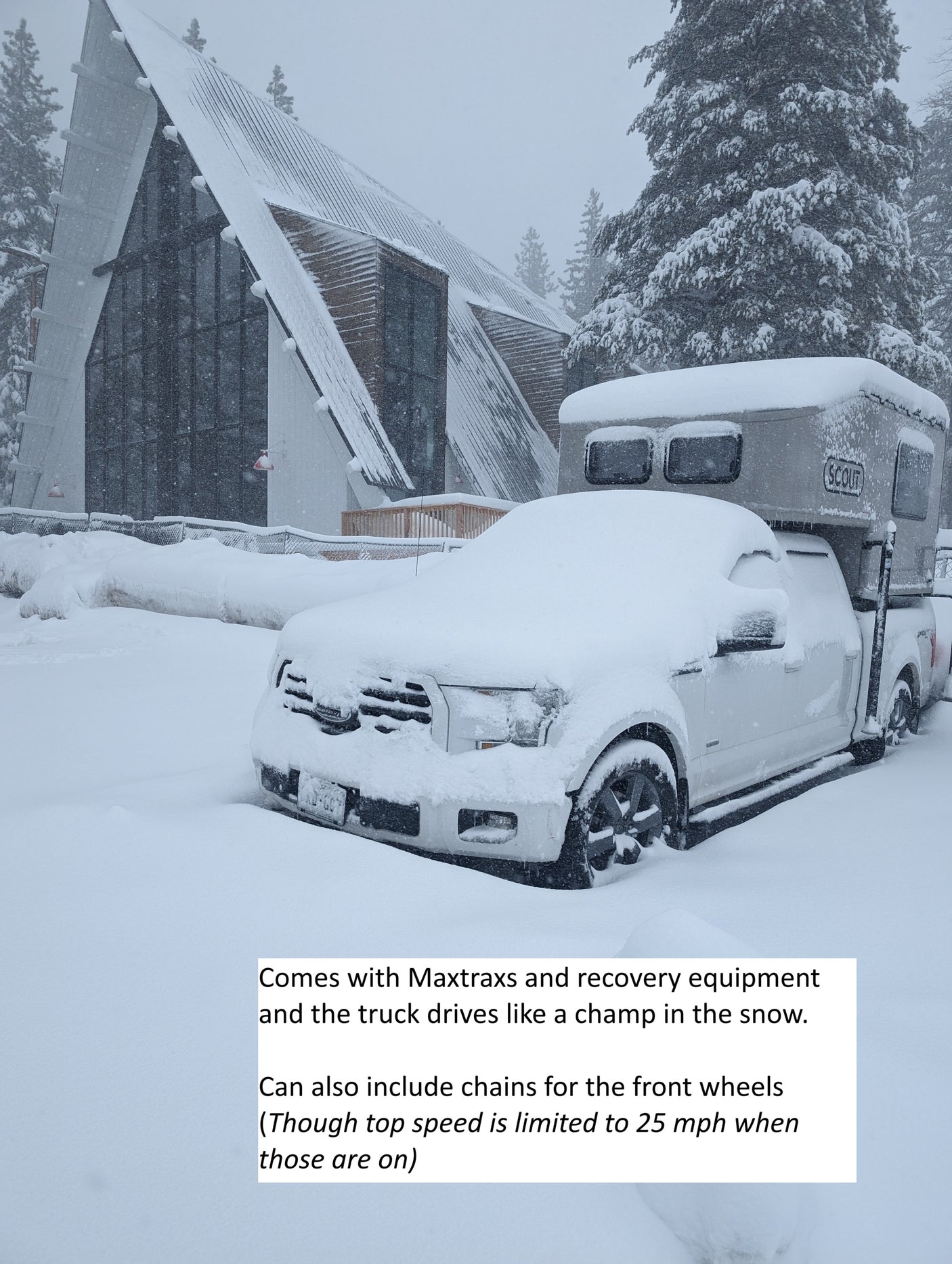 Snow-covered Scout truck camper RV rental (F-150). This rig is a champ in the snow, perfect for winter adventures!