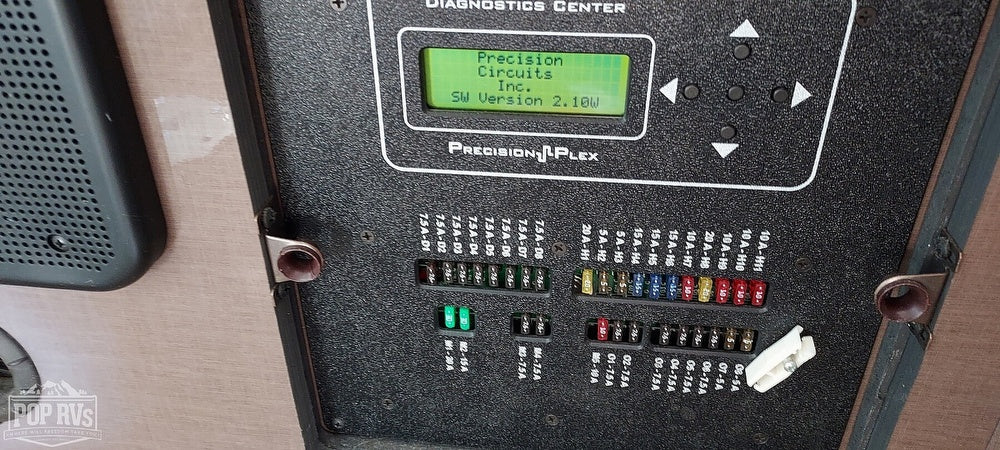 RV rental diagnostics panel displays software version 2.10W and various electrical fuses for system management.