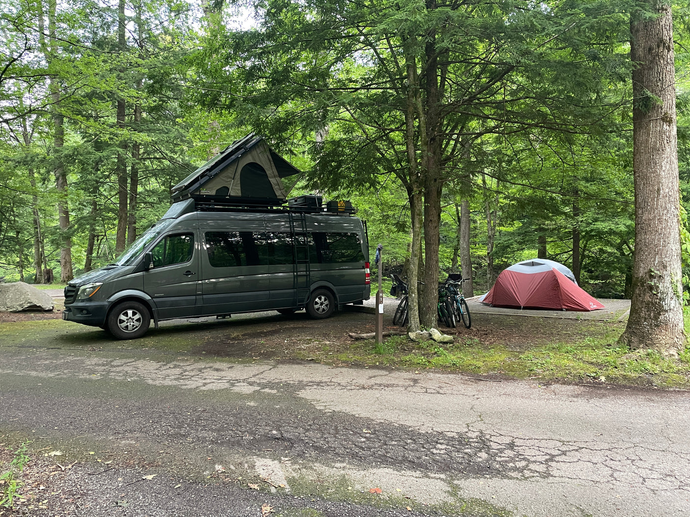 Dark grey camper van (RV rental) with rooftop tent at a wooded campsite, next to a ground tent and bikes.