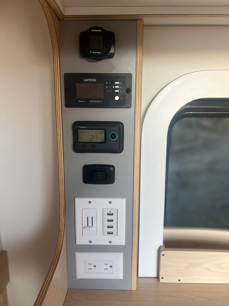 RV rental control panel: Webasto heater, Xantrex inverter, Renogy battery monitor, USB, and AC outlets for power. — photo 3