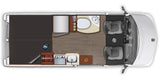 Overhead view of a compact RV rental interior. Shows cockpit, kitchen, bathroom, and bed/lounge area floor plan for easy travel.