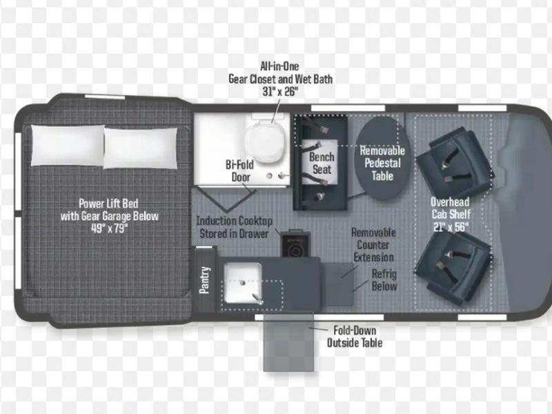  parked outdoors. Perfect for your next RV rental adventure.|RV rental floor plan: compact camper with power lift bed — photo 2