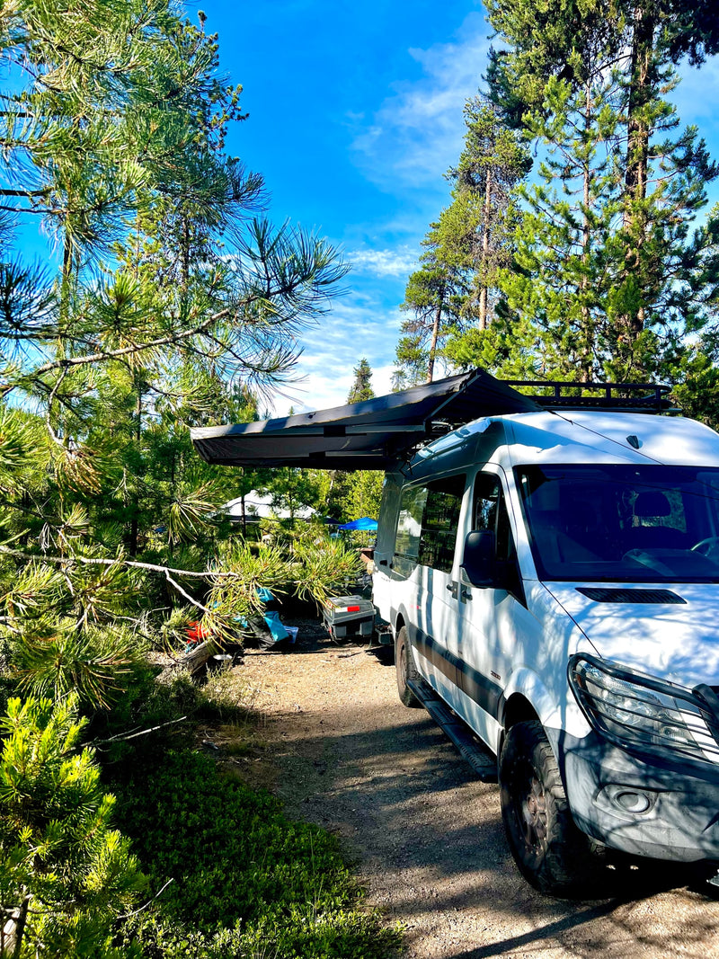 White camper van with extended awning, parked in a sunny pine forest campsite with distant tents. Ideal for an rv rental. — photo 14