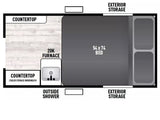 This RV rental floor plan shows a 54x74 bed, 20K furnace, countertops, an outside shower, and exterior storage.