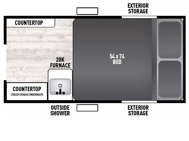  plus storage cabinets and windows.|RV interior reveals a compact bed with a mattress still in plastic wrap