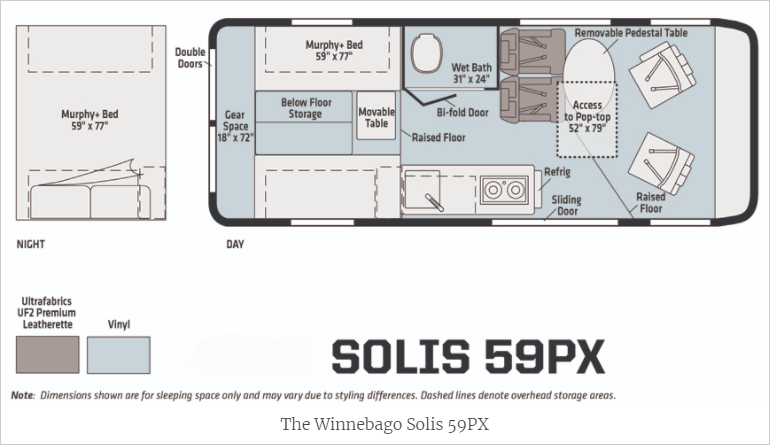 Detailed Winnebago Solis 59PX RV rental floor plan shows versatile interior layout with bed, bath, and kitchen areas.