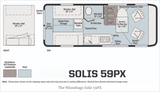Detailed Winnebago Solis 59PX RV rental floor plan shows versatile interior layout with bed, bath, and kitchen areas.