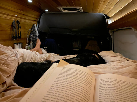 Relaxing in an rv rental: Cozy bed with a person, their dog, and a good book for a chill night.