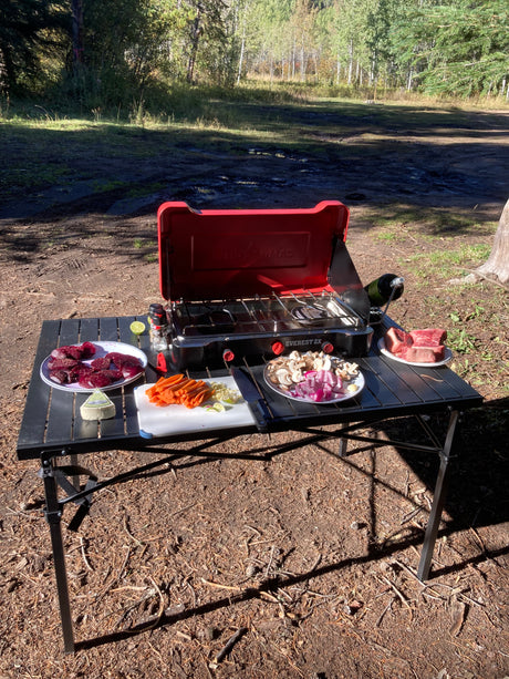 RV rental adventure: Cooking fresh steaks and veggies on a portable stove for an outdoor meal in nature.