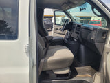 Interior of a white RV rental van, showing driver's seat and dash. Outside, various RVs and vehicles are visible in a parking lot.
