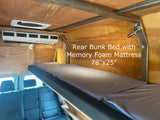 RV rental: This camper van features a comfortable rear bunk bed with memory foam mattress, wooden interior & AC unit.