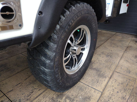 RV rental: Close-up of a durable tire with a distinctive silver wheel and black fender flare, parked on patterned ground.