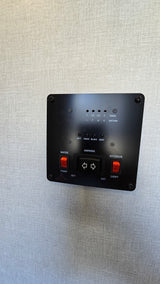 RV rental control panel displaying tank levels (fresh, black, gray), battery, water pump, awning controls, and exterior lights.