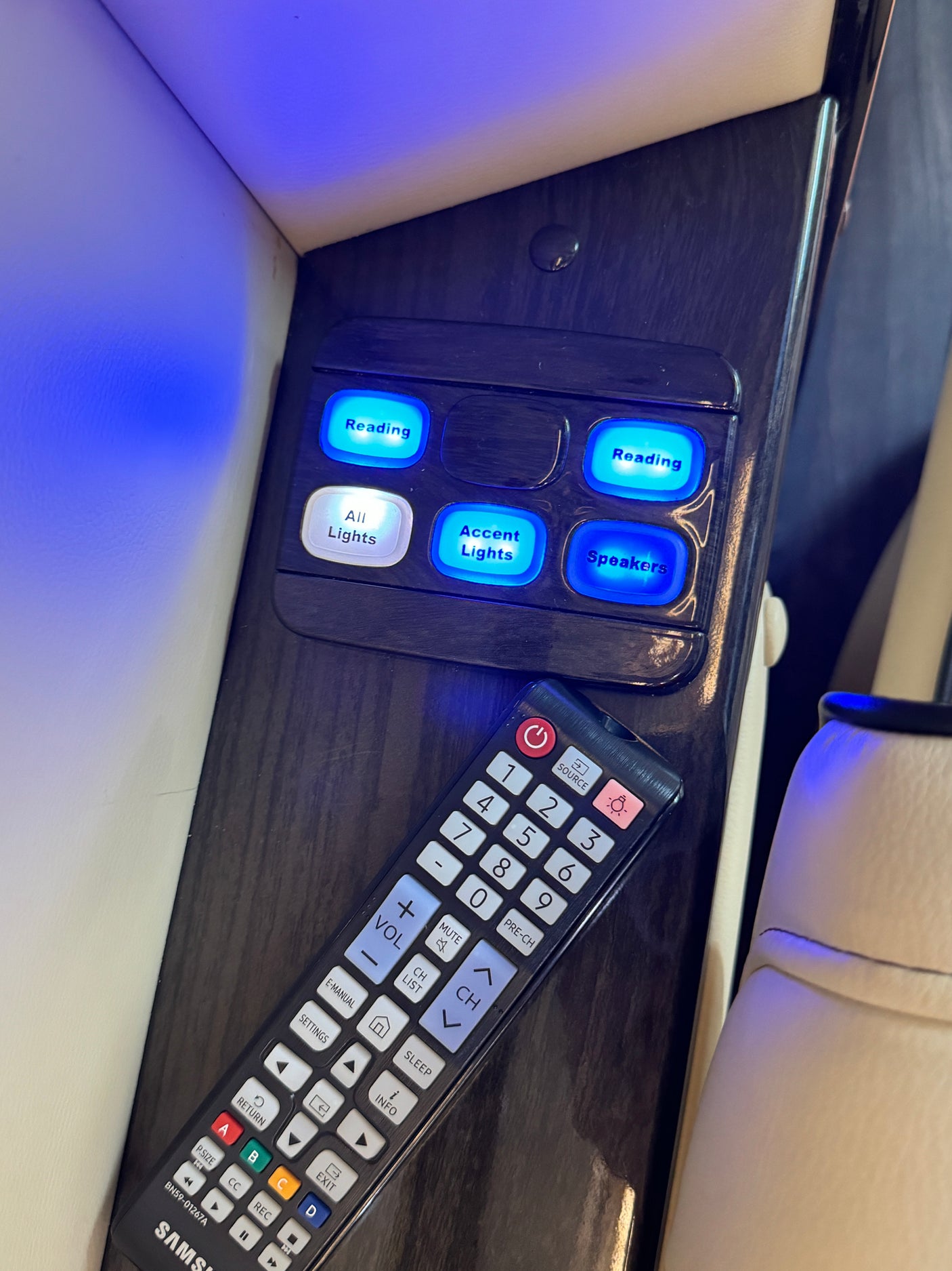 RV rental interior: illuminated control panel for lights and speakers, with a Samsung TV remote for entertainment.