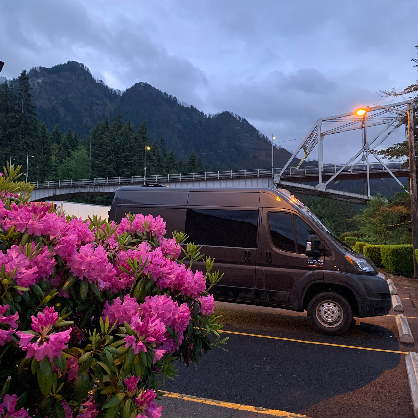Dark RV rental van parked by vibrant pink flowers, with a scenic bridge and mountains in the background.