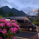 Dark RV rental van parked by vibrant pink flowers, with a scenic bridge and mountains in the background.