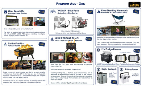 Premium add-ons for RV rental, showcasing portable power, bike racks, hammocks, fire pits, fridge/freezers, and coolers.