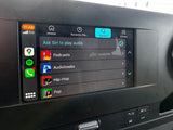 An RV rental's Apple CarPlay screen shows audio options: Podcasts, Audiobooks, Hip-Hop, Pop. Time is 11:49, 5G signal present.