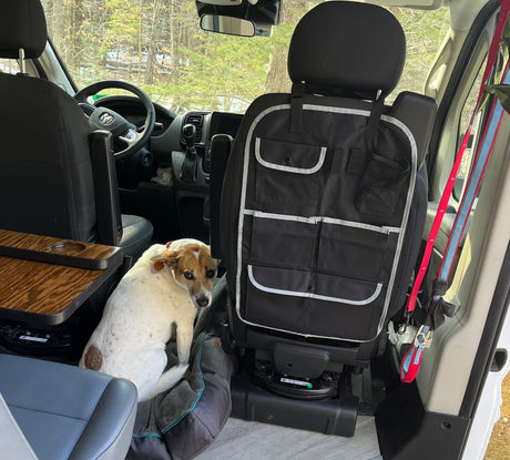 A happy dog relaxes inside a pet-friendly RV rental, showing the interior with swivel seats, storage, and a portable table.