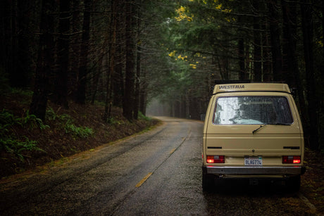 Tan Westfalia camper van on a wet forest road. Consider this RV rental for a serene nature escape.