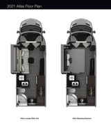 2021 Atlas RV rental floor plans. Top-down view shows lounge with slide-out (left) and sleeping quarters (right), with kitchen/bath.