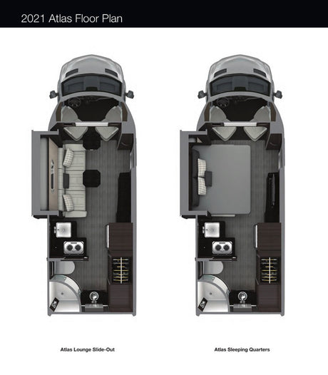 2021 Atlas RV rental floor plans. Top-down view shows lounge with slide-out (left) and sleeping quarters (right), with kitchen/bath.