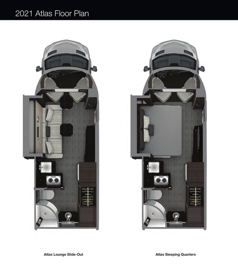2021 Atlas RV rental floor plans. Top-down view shows lounge with slide-out (left) and sleeping quarters (right), with kitchen/bath. — photo 4