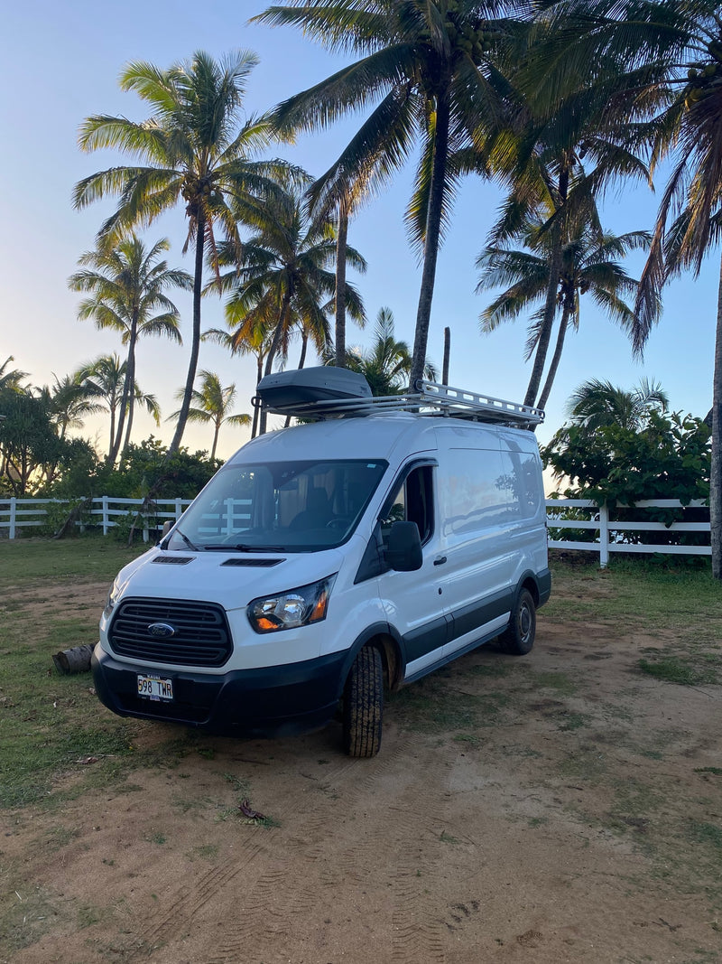 White adventure van with roof storage and rack parked on dirt amid tall palm trees and a white fence. RV rental ready! — photo 15