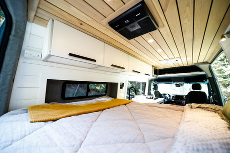 Explore this modern RV rental interior, featuring a large bed, sleek white cabinets, wood ceiling, and kitchenette.