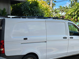 White RV rental cargo van with roof racks. Parked in a sunny tropical setting, ready for adventure.