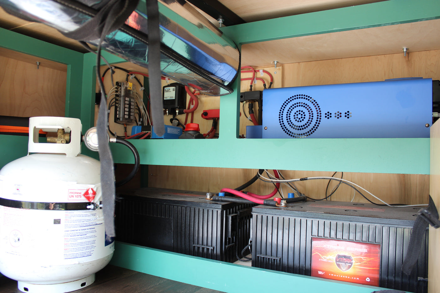 Inside an RV rental: propane tank, electrical system with batteries and inverter for reliable power on the road.