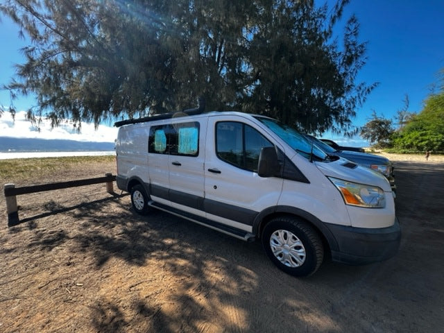 White camper van (RV rental) parked on a sandy beach under a large tree by the ocean. Blue sky above.