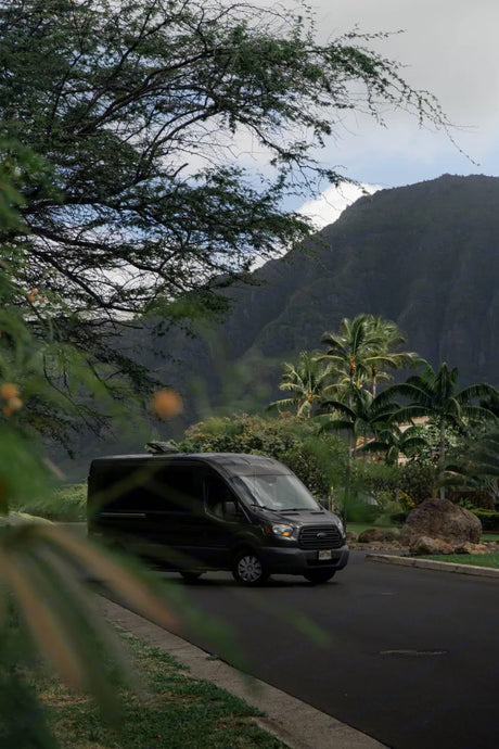 Dark rental van on a scenic road, lush mountains & palm trees in background. Ideal for travel or as an RV rental alternative.