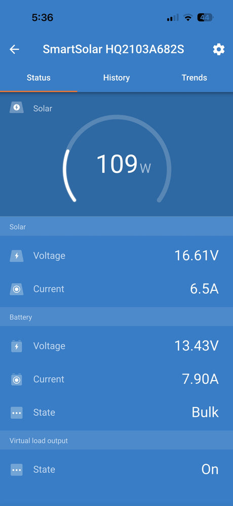 RV rental SmartSolar app: 109W solar input, battery at 13.43V (Bulk state, 7.90A current), and virtual load output On.