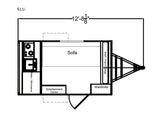 Compact RV rental floor plan: 12' 8 1/8" trailer layout with kitchen, sofa, entertainment center, wardrobe, storage.