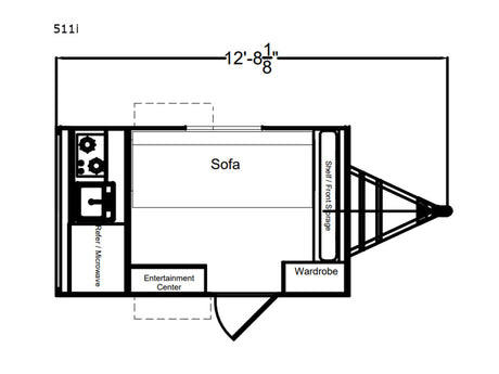 Compact RV rental floor plan: 12' 8 1/8" trailer layout with kitchen, sofa, entertainment center, wardrobe, storage.