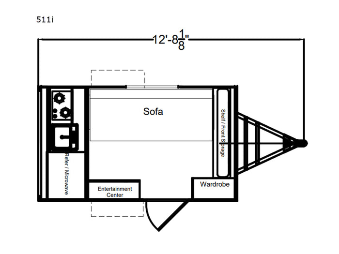 Compact RV rental floor plan: 12' 8 1/8" trailer layout with kitchen, sofa, entertainment center, wardrobe, storage.