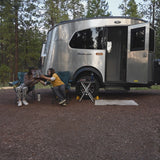 Friends relax, sharing a book by their Airstream RV rental at a peaceful campsite among pine trees.