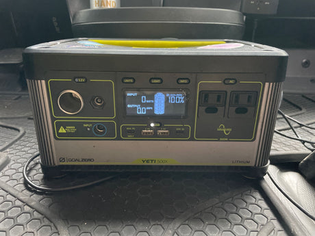 Goal Zero Yeti 500X portable power station, 100% charged, ready for your RV rental adventure. Great for off-grid power needs.